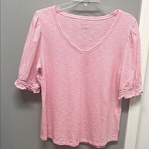 Talbots Pink Striped V-Neck Puff Sleeve Top
